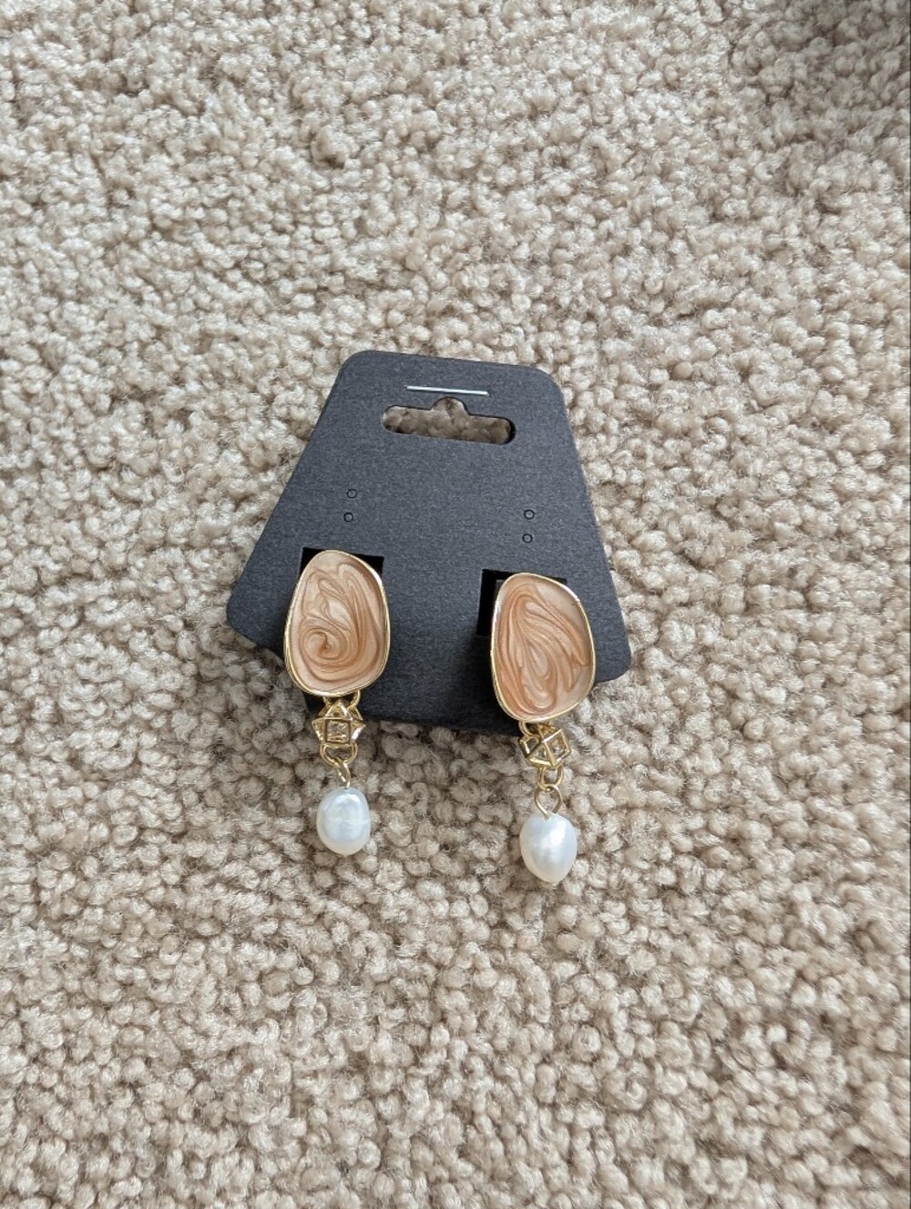 Gold-Tone Pearl Drop Earrings with Swirl Beige Inlay